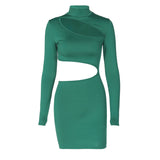 Women Dresses Spring Sexy Hollow-out Slim-Fit Turtleneck Long Sleeve Dress