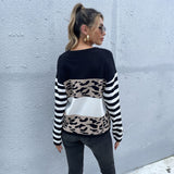 Women Knitted Sweater Loose round Neck Pullover Black and White Leopard Print Sweater