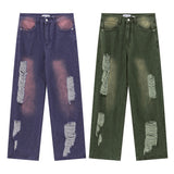 Men Jeans Ripped Wide-Legged Straight Jeans Retro Trousers