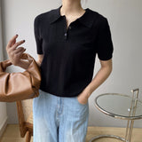 Women Knitted T-shirt Polo Short Sleeve Summer Lapels T-shirt