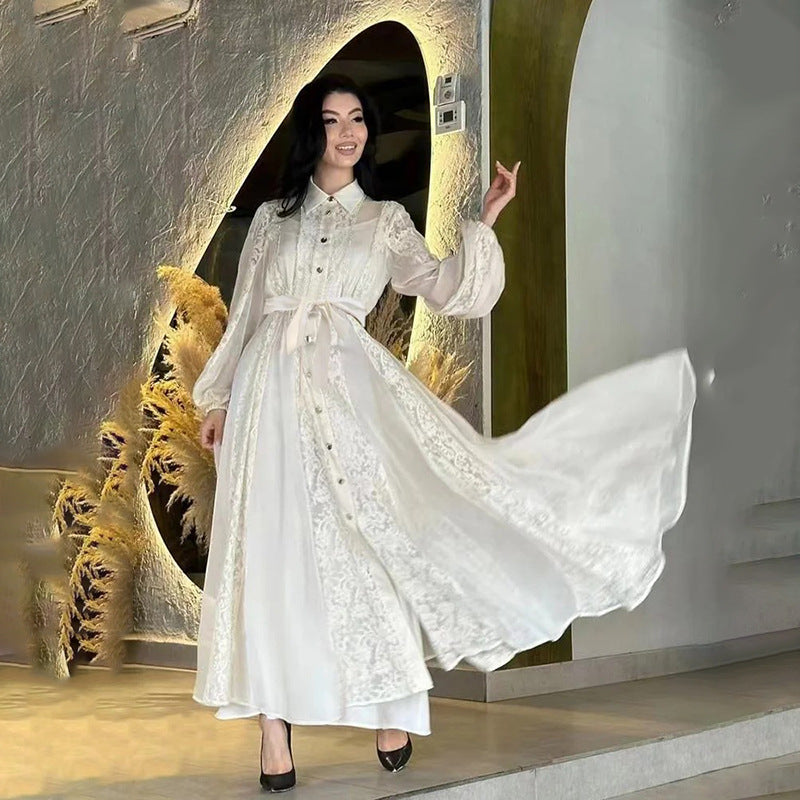 Women Dresses Vintage Spring Lapel Lace Embroidery Dress (Qymy0409)