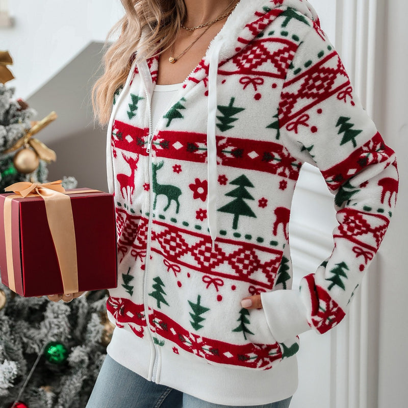 Women Trench Coat Autumn and Winter Long-Sleeved Cardigan Christmas Printed Plush Coat