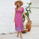 Women Date Dress Floral Dress Short Sleeve V-neck Bohemian A- line Skirt