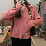 Women Knitted Cardigan Double Zipper Short Sweater Cardigan Loose Sweater Coat