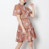 Women Dresses Summer Retro Short Sleeve Dress Stand Collar Single-Breasted Skirt (Qymy0409)