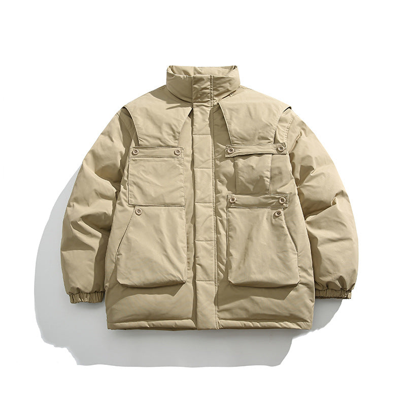 Unisex Winter Cotton Coat Three-Dimensional Pocket Decoration Workwear Cotton Coat Retro Stand-up Collar Cotton-Padded Clothes