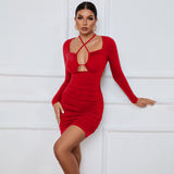 Women Dress Sexy Cutout Tight Skirt Short Skirt Sheath Long Sleeve Dress