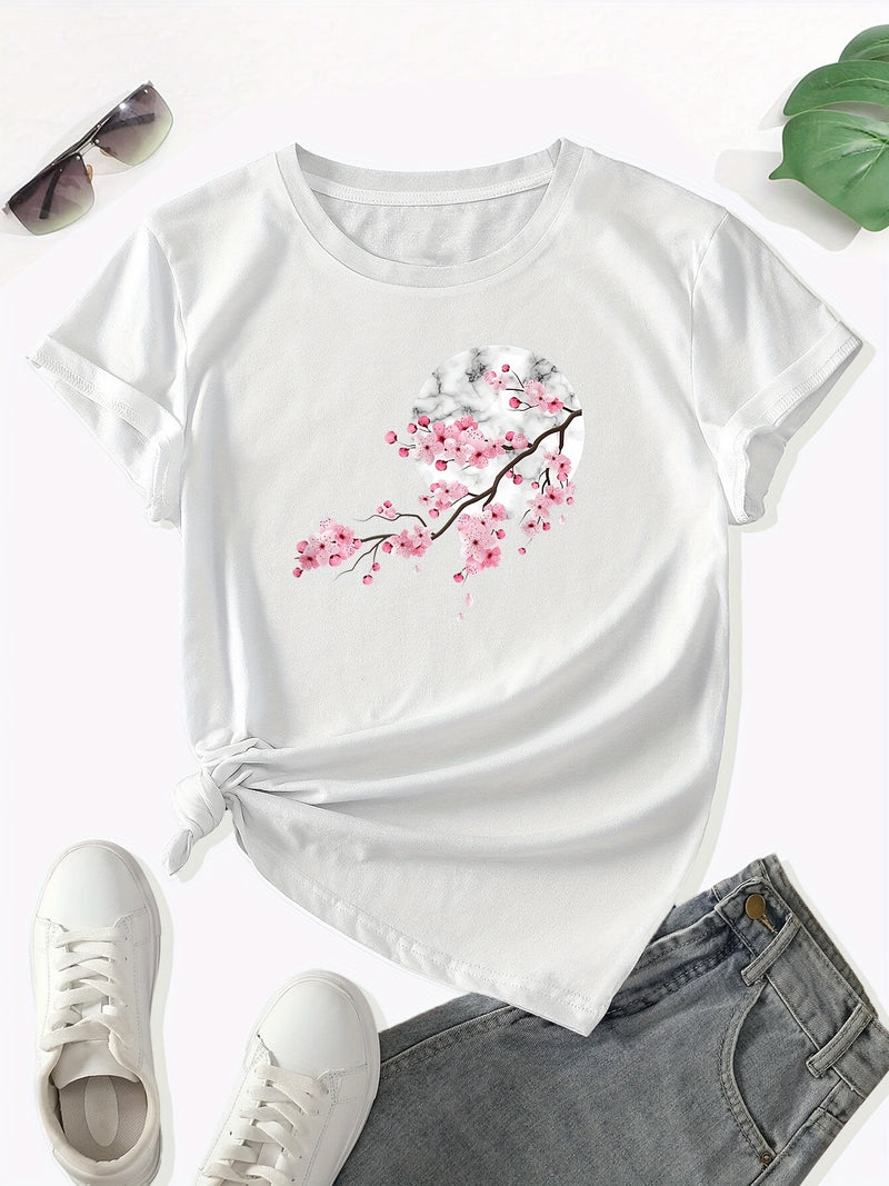 Floral Print Crew Neck T-Shirt, Casual Short Sleeve T-Shirt
