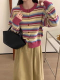 Women Knitted Cardigan Short Striped Color Matching Sweater Cardigan Coat