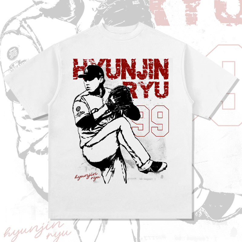 Men Vintage baseball T-Shirt Liu Xianzhen retro hyunjin ryui print short-sleeved crew neck casual T-shirt