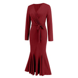 Women Date Dress Knitted Long Sleeve V-neck Lace-up Fishtail Skirt