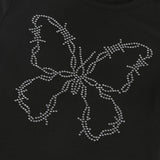 Women T-shirt Vintage Butterfly Rhinestone Knitted Slim round Neck T-shirt