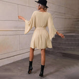 Women Dress round Neck Elastic Waistband Short Skirt Long Sleeve Dress