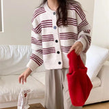Women Knitwear Autumn and Winter Striped round Neck Sweater Loose Knitted Cardigan