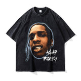 Asap Rocky T Shirts Washed Vintage Hip Hop Short Sleeve Print