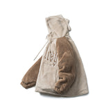 Unisex Winter Cotton Coat Letter Embroidered Hooded Cotton Coat Vintage Loose Cotton Coat