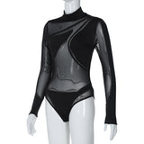 Women Jumpsuit Winter Sexy Mesh See-through Slim-Fit Long-Sleeved Jumpsuit (Hawthaw0412)