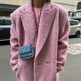 Women Trench Coat Fall/Winter Woolen Thick Pink Lapel Coat