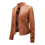 Red Leather Jacket Casual Leather Clothing Women's Stand Collar Zipper Slim Fit Motorcycle Clothing
