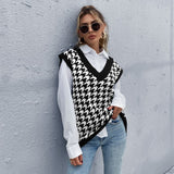Women Knitted Sweater Autumn Loose Houndstooth V-neck Knitted Vest Women