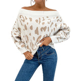Women Knitted Sweater Autumn and Winter Knitting Leopard Print Long Sleeve off-Shoulder off-the-Shoulder Sweater