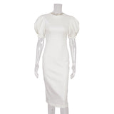 Women Dress round Neck Puff Sleeve Hip Skirt White Short Sleeve Dress
