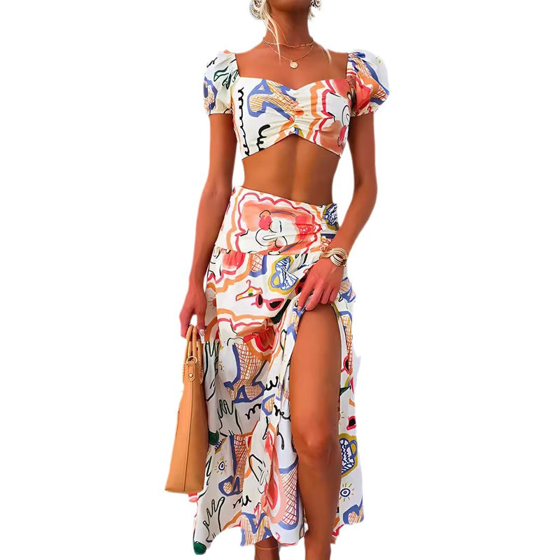 Women Dresses Summer Printed Top Wrapped Chest Skirt Two-Piece Suit (Jrm0409)