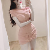 Women Dresses Hip Skirt Short Sleeve off-the-Shoulder Dress