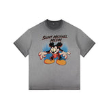 Washed distressed horror mickey saintmichaelmedm retro american t-shirt looseheavy weight round neck