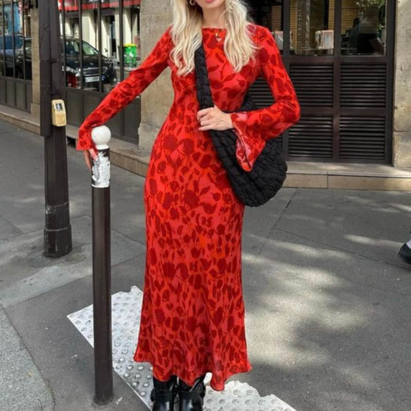Women Dresses Summer Rose Printed Long Sleeve Dress Bell Sleeve Slim Fit Long Dress (Xds0414)