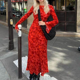 Women Dresses Summer Rose Printed Long Sleeve Dress Bell Sleeve Slim Fit Long Dress (Xds0414)