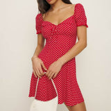 Women Dresses Summer Vintage Printed Dress Puff Sleeve Lace-up Skirt (Xds0414)