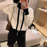 Women Knitwear Autumn and Winter Loose Stand Collar Double Zipper Knitted Cardigan