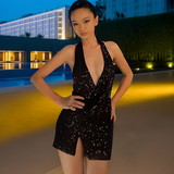 Party Dresses Women's Fashion Sequins Sexy Backless Deep V Split Dress