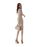 Women Maxi Dress Spring and Autumn Bow Dress Mesh Sleeves Hip Skirt