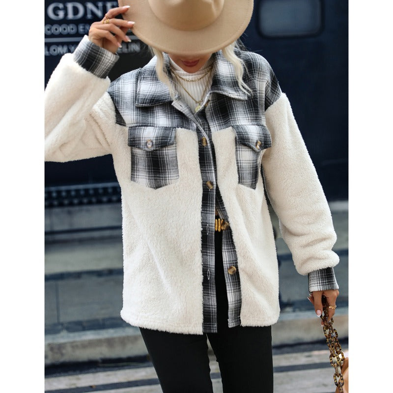 Women Trench Coat Double-Sided Velvet Plaid Stitching Breasted Long Sleeve Plaid Lapel Plush Coat