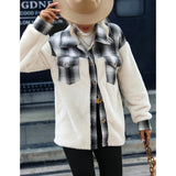 Women Trench Coat Double-Sided Velvet Plaid Stitching Breasted Long Sleeve Plaid Lapel Plush Coat