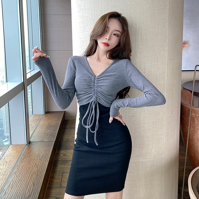 Women Maxi Dress Spring and Autumn Sexy Nightclub V-neck Long Sleeve Narrow Dress