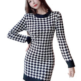 Women Maxi Dress Spring and Autumn Long Sleeve Sexy Houndstooth Dress