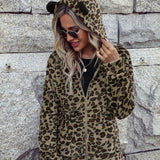 Women Trench Coat Fall Winter Hooded Long Sleeve Loose Zip Animal Pattern Flannel Casual Coat