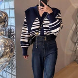 Women Knitwear Autumn and Winter Striped V-neck Sweaters Cardigan