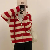 Women Knitwear Autumn and Winter Striped Hooded Sweater Coat Knitted Cardigan