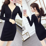 Women Maxi Dress Autumn and Winter V-neck Butterfly Backless Long-Sleeve Zipper Knitted Dress