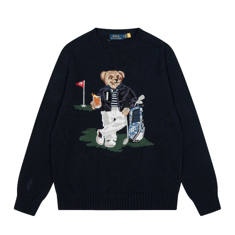 Pure cotton heavy industry cartoon bearembroider rolled collar sweater round neck topsknitting woolen clothes couple fall and winter