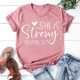 She Is Strong Letter Print T Shirt Women Short Sleeve Tshirt