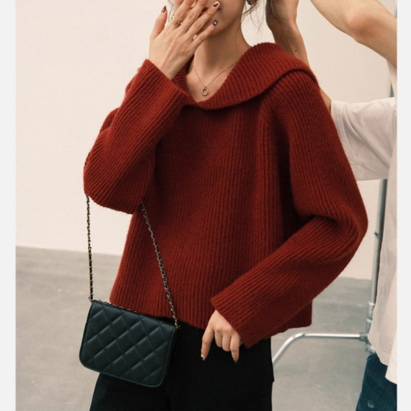 Women Knitted Pullover Red Lapel Sweater Women's Autumn Winter Coat Loose Sweater