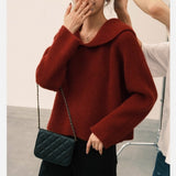 Women Knitted Pullover Red Lapel Sweater Women's Autumn Winter Coat Loose Sweater