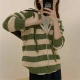 Women Knitwear Autumn and Winter Striped Hooded Sweater Coat Knitted Cardigan