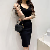 Women Maxi Dress Autumn and Winter Sexy V-neck Long Sleeve Knitted Dress