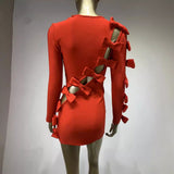 Women Dresses Bandage Long Sleeve Dress Hollow Bow Party Dress Skirt (Ont0408)
